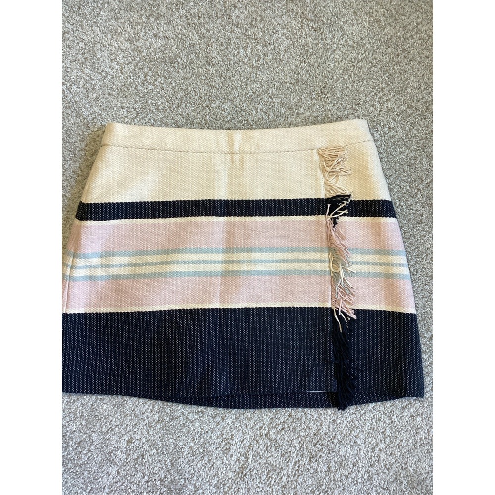 BCBGMaxAzria Mallika Striped Fringe Mini Skirt Size 4 Pink Black Tweed